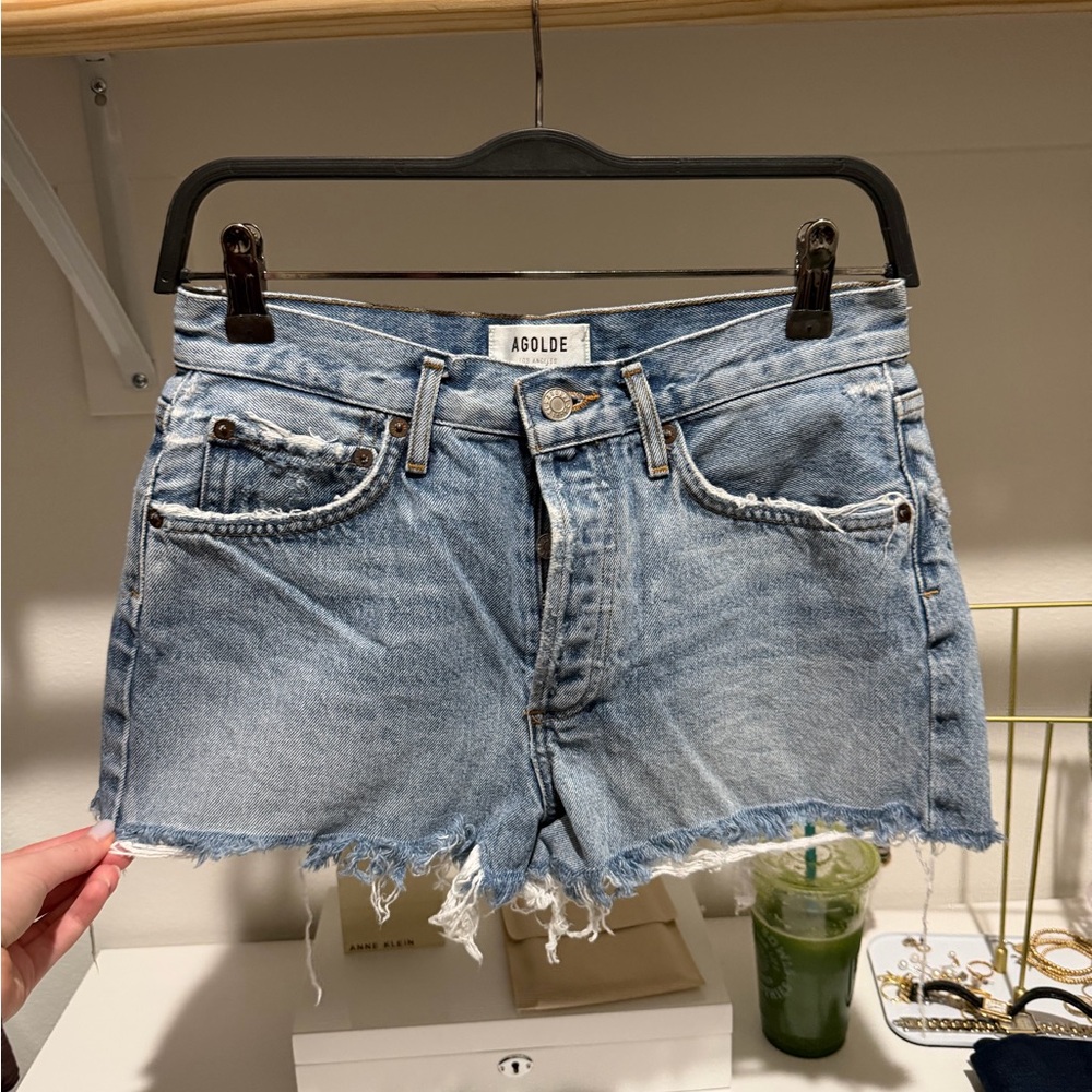 Agolde Light Blue Frayed Hem Jean Shorts